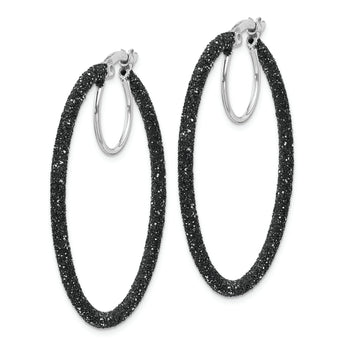 Sterling Silver Rhodium/Black Glitter Enamel 2x35mm Hoop Earrings