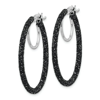 Sterling Silver Rhodium/Black Glitter Enamel 2x30mm Hoop Earrings
