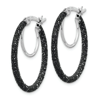 Sterling Silver Rhodium/Black Glitter Enamel 2x25mm Hoop Earrings