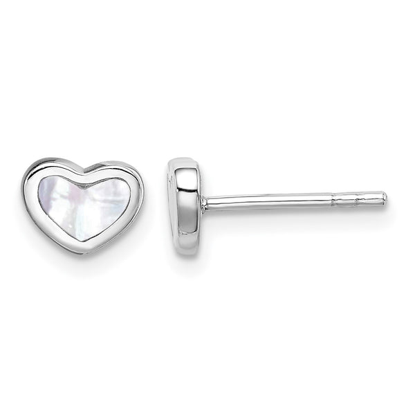 Sterling Silver Rhodium-plated Mother of Pearl Heart Post Earrings - Birthstone Company