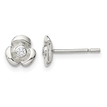 Sterling Silver Polished Flower with CZ Children's Post Earrings - Birthstone Company