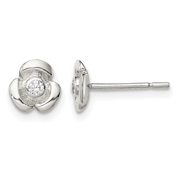 Sterling Silver Polished Flower with CZ Children's Post Earrings - Birthstone Company