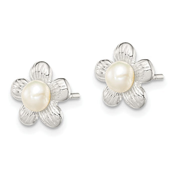 Sterling Silver Polished & Textured Sim. Pearl Flower Post Earrings - Birthstone Company