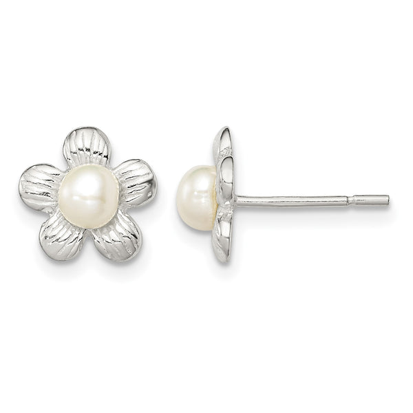 Sterling Silver Polished & Textured Sim. Pearl Flower Post Earrings - Birthstone Company