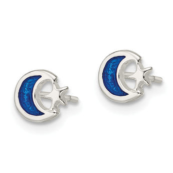 Sterling Silver Polished Blue Enamel Moon & Star Children's Post Earrings - Birthstone Company