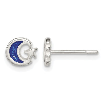 Sterling Silver Polished Blue Enamel Moon & Star Children's Post Earrings - Birthstone Company