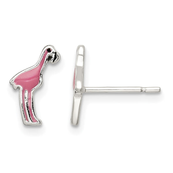 Sterling Silver Polished Pink & Black Enameled Flamingo Post Earrings - Birthstone Company