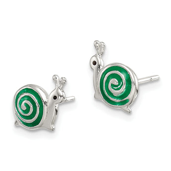 Sterling Silver Polished Green & Black Enameled Snail Post Earrings - Birthstone Company