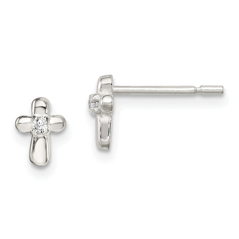 Sterling Silver Polished Cross with CZ Post Earrings