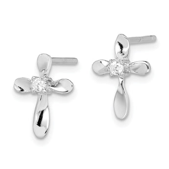 Sterling Silver Rhodium-plated Polished CZ Cross Post Earrings - Birthstone Company