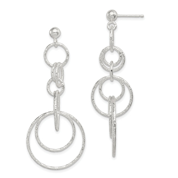 Sterling Silver Polished & Textured Circle Links Post Dangle Earrings