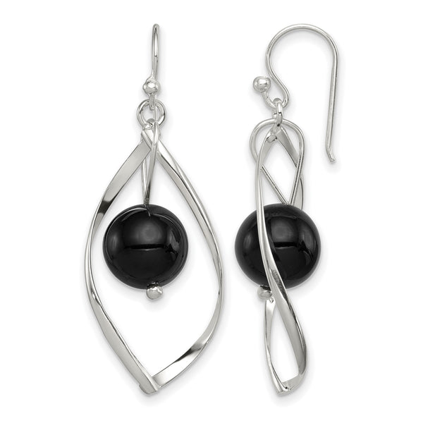 Sterling Silver Polished Onyx Twisted Dangle Earrings - Birthstone Company