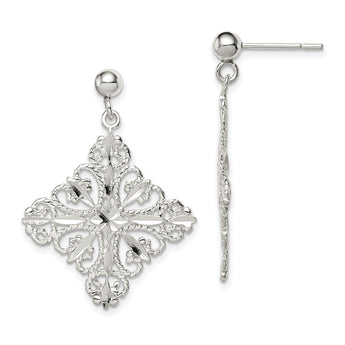 Sterling Silver Polished & Diamond-cut Filigree Square Post Dangle Earrings