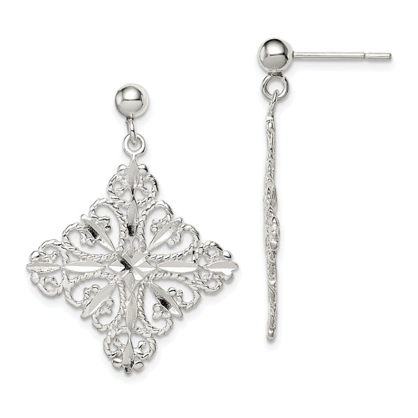 Sterling Silver Polished & Diamond-cut Filigree Square Post Dangle Earrings