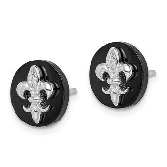 Sterling Silver Rhodium-plated CZ Fleur de Lis Onyx Circle Stud Earrings - Birthstone Company