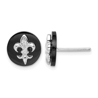 Sterling Silver Rhodium-plated CZ Fleur de Lis Onyx Circle Stud Earrings - Birthstone Company