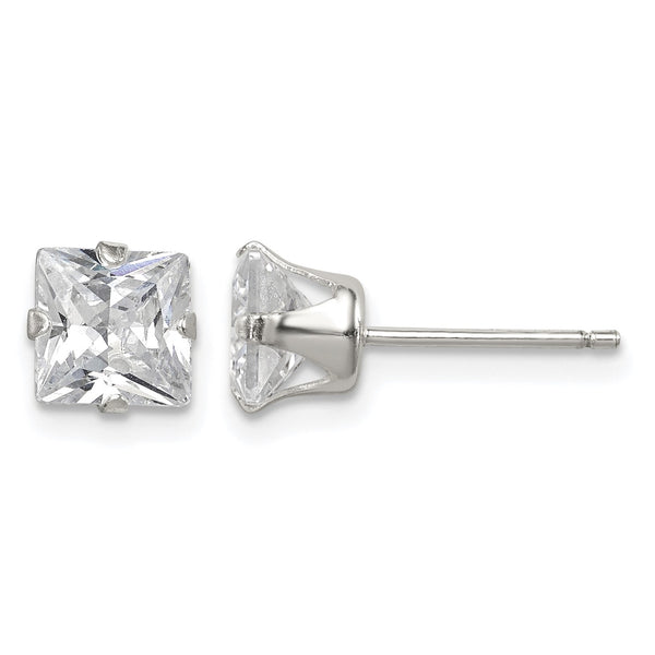 Sterling Silver Polished Princess 6mm CZ Snap Set Stud Earrings - Birthstone Company