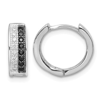 Sterling Silver RH-plated Black & White CZ Hinged Round Hoop Earrings - Birthstone Company
