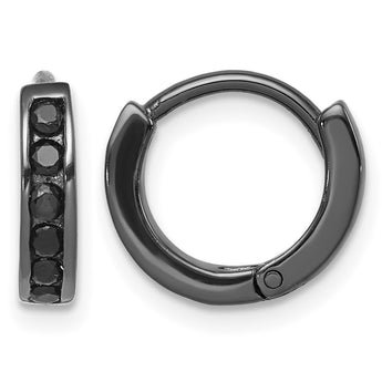 Sterling Silver Black RH-plated Black CZ Hinged Round Hoop Earrings - Birthstone Company