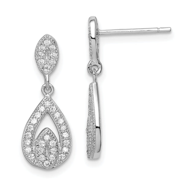 Sterling Silver Rhodium-plated CZ Pav‚ Pear Dangle Post Earrings