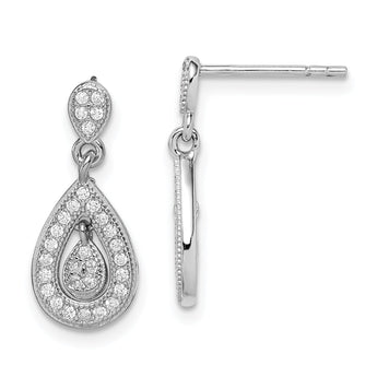 Sterling Silver Rhodium-plated CZ Pav‚ Pear Dangle Post Earrings
