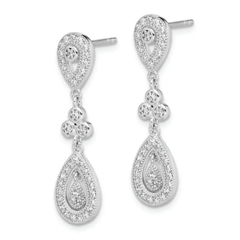 Sterling Silver Rhodium-plated CZ Pav‚ Pear Dangle Post Earrings