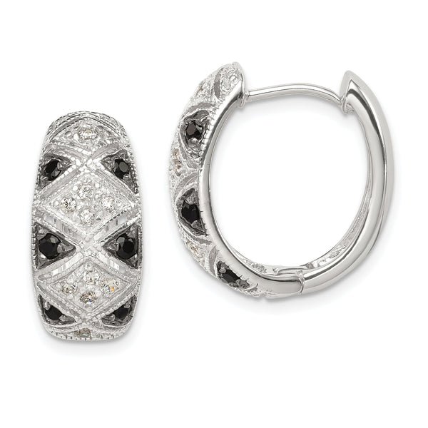 Sterling Silver Black/White Rhod-plated CZ Hinged Oval Hoop Earrings