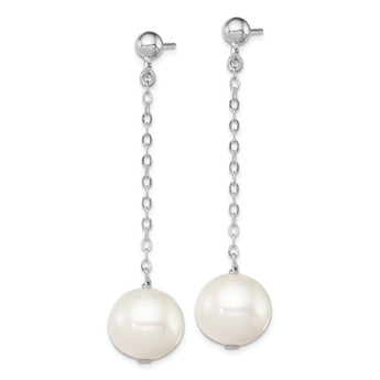 Sterling Silver Rhodium-plated 10-11mm FWC Pearl Dangle Post Earrings