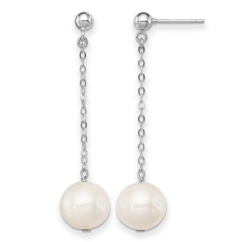 Sterling Silver Rhodium-plated 10-11mm FWC Pearl Dangle Post Earrings - Birthstone Company
