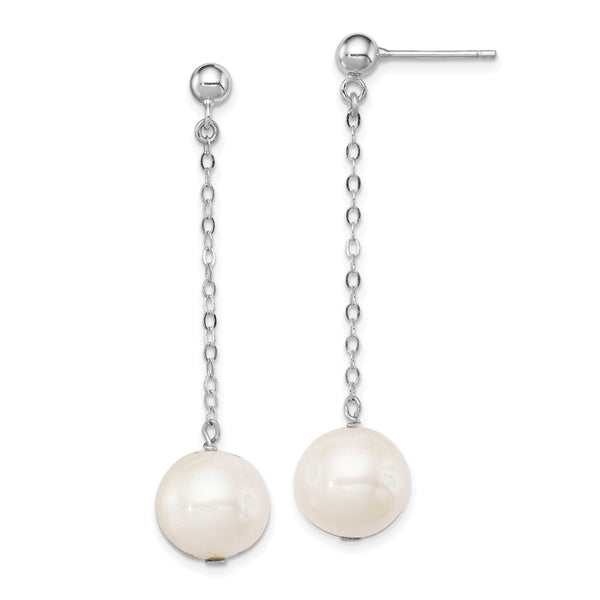Sterling Silver Rhodium-plated 10-11mm FWC Pearl Dangle Post Earrings