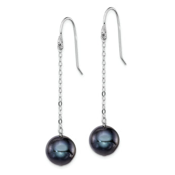 Sterling Silver Rhodium-plated Polished 9-10mm Black Freshwater Cultured Pearl Dangle Earrings