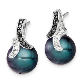 Sterling Silver Polished Black and White CZ with 9-10mm Black Imitation Shell Pearl Post Earrings - Birthstone Company