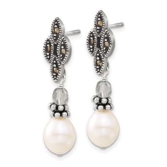 Sterling Silver Polished & Antiqued Crystal, Marcasite & FW Cultured Pearl Post Dangle Earrings - Birthstone Company