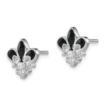 Sterling Silver Rhodium-plated CZ & Enamel Fleur de Lis Post Earrings