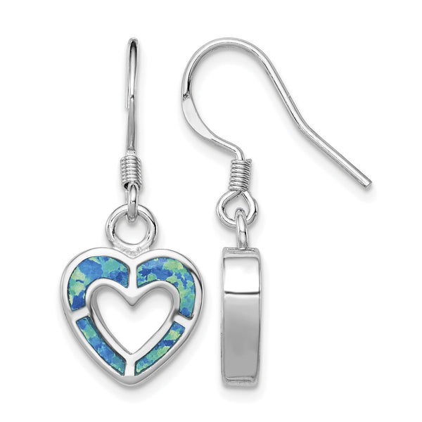 Sterling Silver RH-plated Blue Created Opal Inlay Heart Dangle Earrings - Birthstone Company