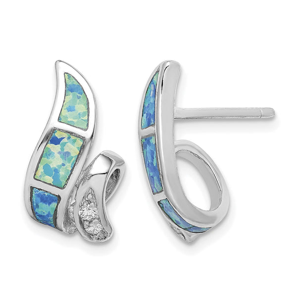 Sterling Silver RH-plated CZ & Blue Created Opal Twisted Post Earrings - Birthstone Company