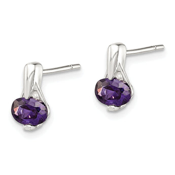 Sterling Silver Polished Oval Purple CZ Post Earrings