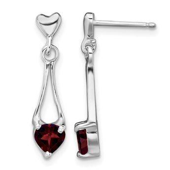 Sterling Silver Rhodium-plated Polished Garnet Heart Post Dangle Earrings - Birthstone Company