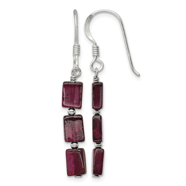 Sterling Silver Polished Triple Rectangle Garnet Dangle Earrings - Birthstone Company