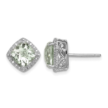 Sterling Silver Rhodium-plated Green Quartz and Diamond Earrings - Birthstone Company