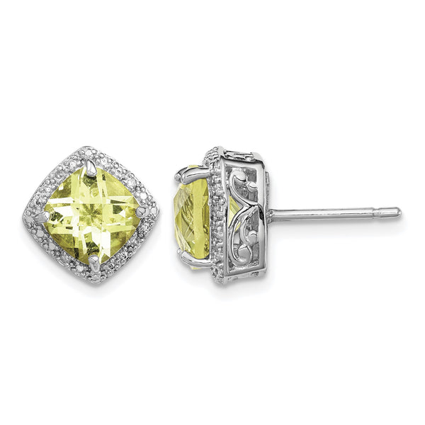 Sterling Silver Rhodium-plated Lemon Quartz and Diamond Earrings - Birthstone Company