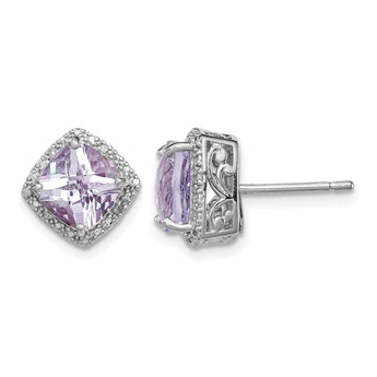 Sterling Silver Rhodium-plated Pink Quartz and Diamond Earrings - Birthstone Company