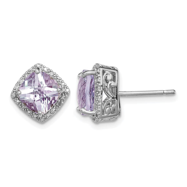 Sterling Silver Rhodium-plated Pink Quartz and Diamond Earrings - Birthstone Company