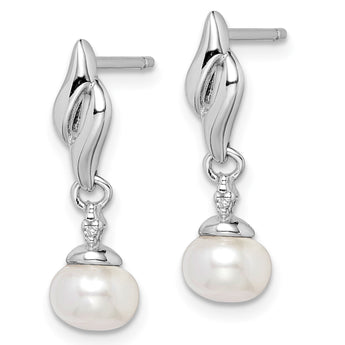 Sterling Silver Rhodium Plated Diamond & FW Cultured Pearl Post Ear - Birthstone Company