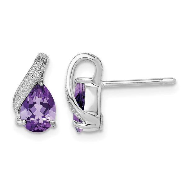 Sterling Silver Rhodium Plated Diamond and Amethyst Post Earrings - Birthstone Company