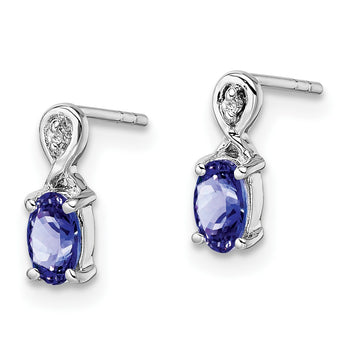 Sterling Silver Rhodium Plated Diamond & Tanzanite Oval Post Earrings - Birthstone Company
