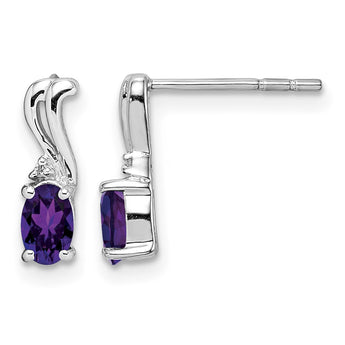 Sterling Silver Rhodium Plated Diamond and Amethyst Oval Post Earrings - Birthstone Company
