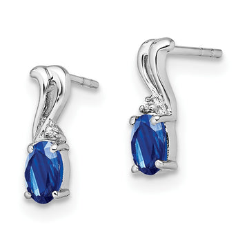 Sterling Silver Rhodium Plated Diamond & Sapphire Oval Post Earrings - Birthstone Company