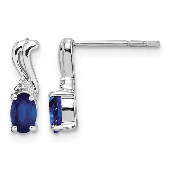 Sterling Silver Rhodium Plated Diamond & Sapphire Oval Post Earrings - Birthstone Company