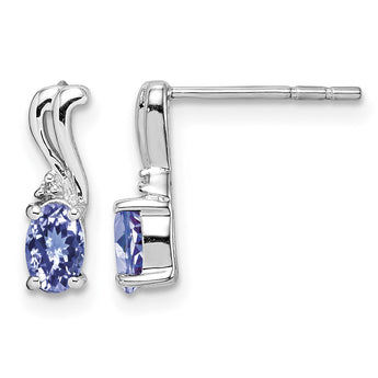 Sterling Silver Rhodium Plated Diamond & Tanzanite Oval Post Earrings - Birthstone Company